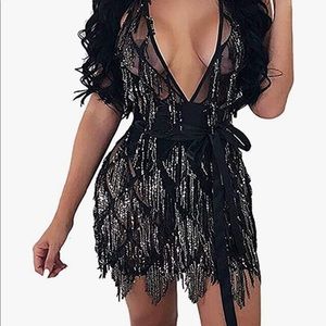 Deep V Neck Sequin Beaded Halter Bodycon Mini Nightclub Party Dress medium nwot